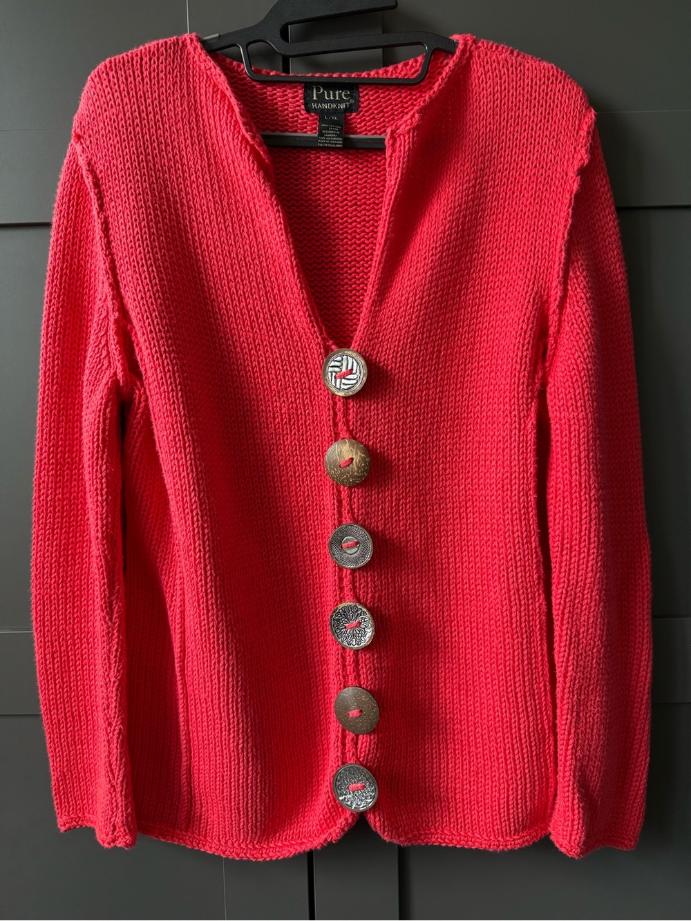 Pure Handknit brand Bright coral Chunky 100% cott Knit Sweater. L 12/14 Canada - Picture 12 of 15